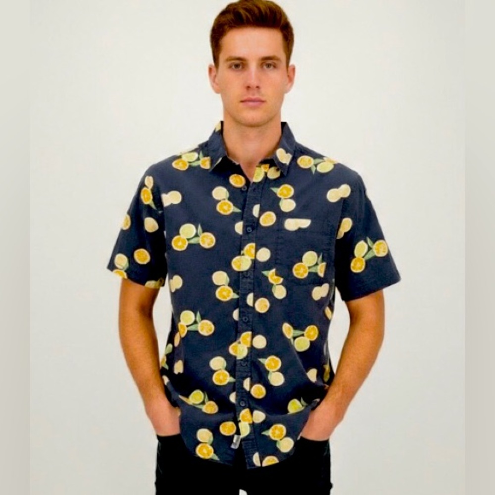 Men's Navy Short-Sleeve Button-Down Shirt with Lemon Print